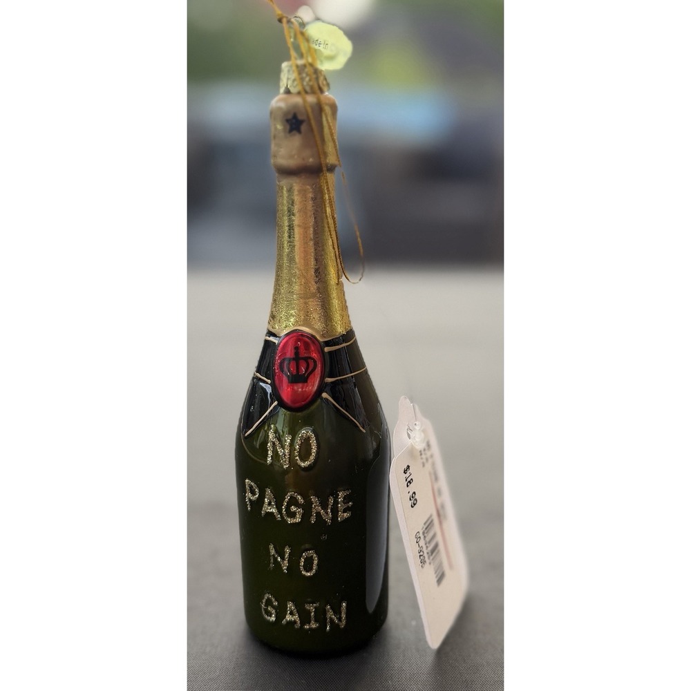Bottle of Champagne Green and Gold Ornament NWT "No Pagne No Gain"